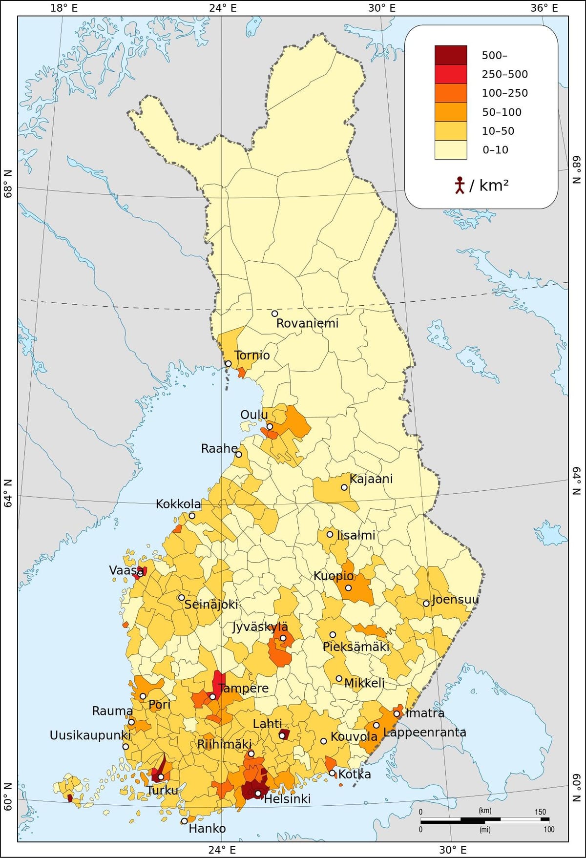 Finlandia densidade de poboación mapa