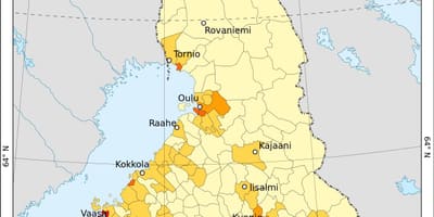 Finlandia densidade de poboación mapa